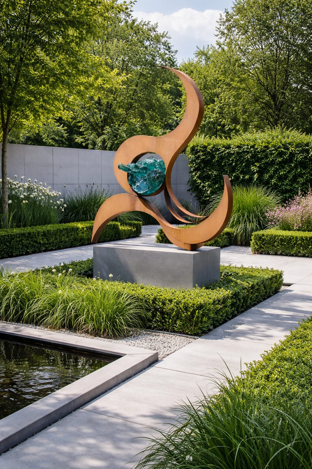 Sculptural outdoor artwork by Peter Sprengers in a landscaped garden